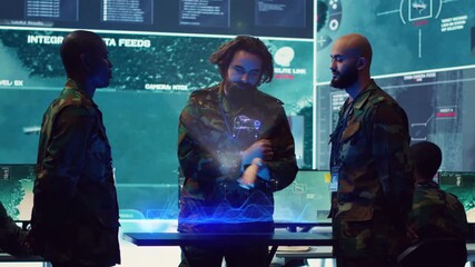 Operators in control room use augmented reality military technology to identify enemy threats. Counter intelligence agency agents using AR tech software to relay info to generals on war front line - Powered by Adobe