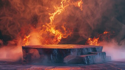 Volcanic lava podium with a fiery background, 3D product display on a stone platform, intense heat and smoke, geometric stage design
