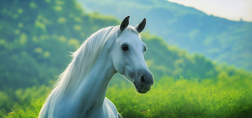 Close-up de cavalo branco em fundo panorâmico verde, fotografia de banner da web