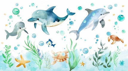 Watercolor illustrations of cute sea animals such as dolphins, sea turtles, fish, crabs and starfish. The animals are drawn in soft shades of blue and green, surrounded by bubbles 