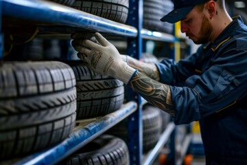 Urban mechanic  selecting new tires in workshop with modern style, confidence, and care for vehicles