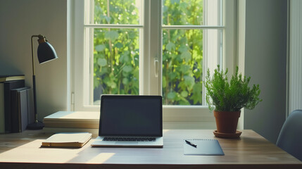 A serene home office setup with a laptop, books, and a potted plant on a wooden desk, bathed in natural light from a large window overlooking lush green foliage