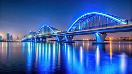 Beautiful night view of Meydan Bridge in Dubai illuminated with blue lights, Meydan Bridge, Dubai, modern, artistic