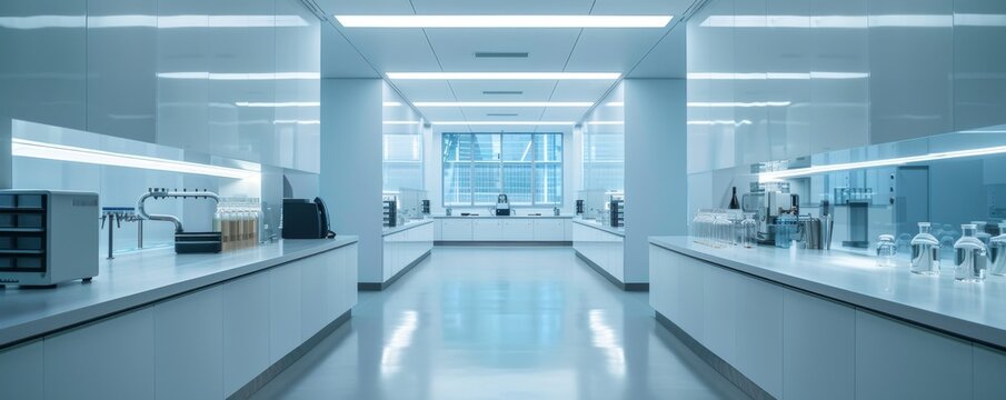 Sleek futuristic laboratory interior with high-tech equipment for quality control and research
