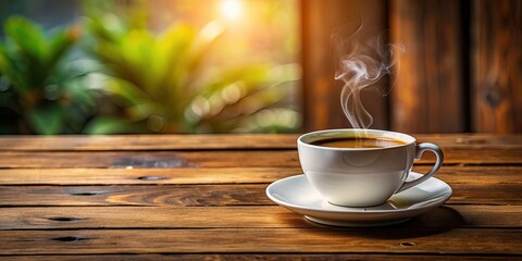 Fototapeta premium A cup of hot coffee sitting on a wooden table , coffee, mug, beverage, drink, table, wooden, morning, caffeine, aroma