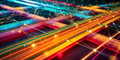 Colorful Network of Interconnected Lines and Nodes. A vibrant and dynamic abstract image of a network with interconnected nodes and lines, representing concepts like technology, communication.