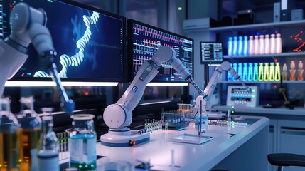 A laboratory workstation with robotic arms performing automated DNA sequencing and analysis for genetic research.