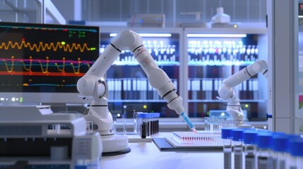 A laboratory workstation with robotic arms performing automated DNA sequencing and analysis for genetic research.