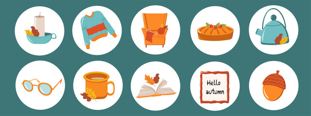 Autumn set of round stickers or badges with mug, armchair, sweater, knitting, acorn, glasses, kettle, book, sheets, candle, pie, frame hello autumn in vector in a simple style.