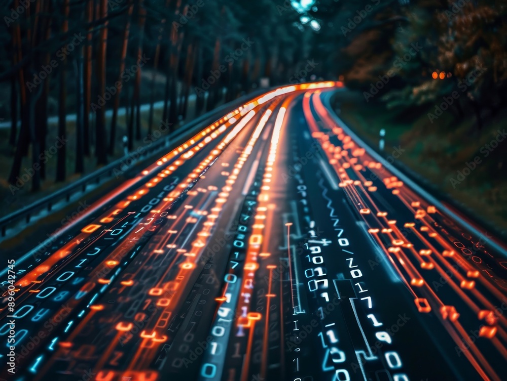 Poster generative ai binary data streaming on digital road in photography shot, concept of streaming data