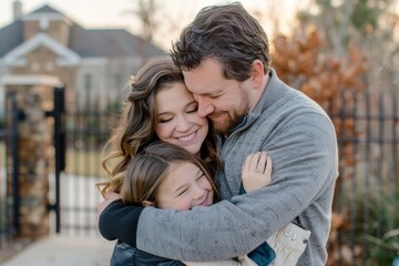 Fototapeta premium Joyful Family Embracing Happiness and Security in Their New Home Outdoors