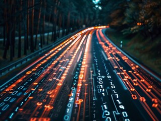 Generative ai  binary data streaming on digital road in photography shot, concept of streaming data