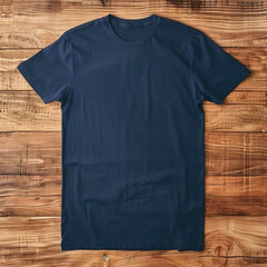 T- shirt mockup on wooden background, Mock up for design and print, Front Navy Blue T-shirt Mockup	