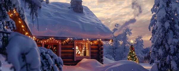 A picturesque snow-covered cabin with Christmas lights adorning the roof a decorated tree visible through the window and smoke curling from the chimney
