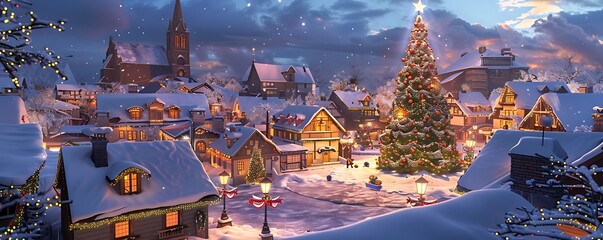A picturesque village scene with snow-covered rooftops twinkling Christmas lights and a large decorated tree in the town square