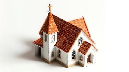 A small elegant model of a church with a red-tiled roof and white walls isolated against a white background