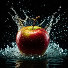 Splash water apple with a forceful splash effect, water scattering dramatically.