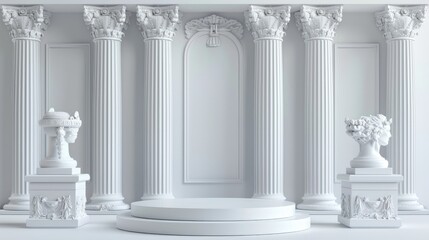 Fototapeta premium White 3D podium with Greek and Roman architectural elements, ideal for classical and luxurious product presentations