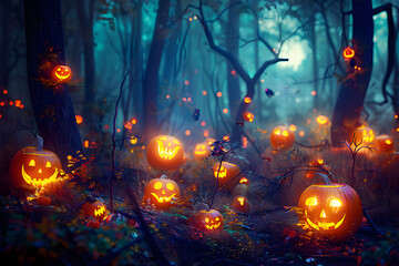 glowing pumpkin heads in dark halloween magic forest, neural network generated art. Digitally generated image. Not based on any actual scene or pattern.