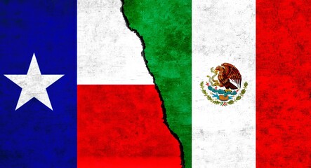 Mexico and Texas flag together on wall. Texas Mexico relations, economy, friendship, conflict, trade concept. Mexico Texas