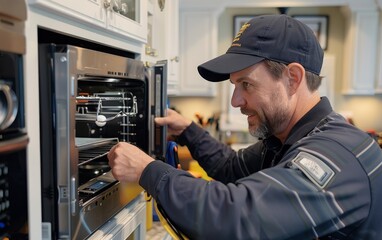 Technician repairing an oven in a modern kitchen setting, performing maintenance
