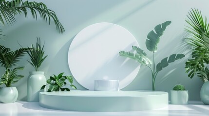 White background with green podium, blue accents, minimalist beauty product display, 3D render, elegant presentation stage with leaves