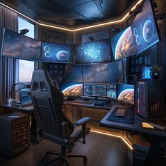 Advanced home office setup with multiple screens displaying space imagery