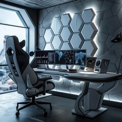 Futuristic home office with hexagonal wall panels and multiple monitors