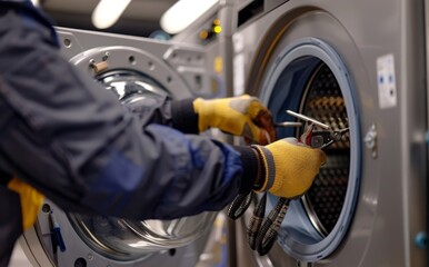 Technician repairing a washing machine door in a commercial laundry setting