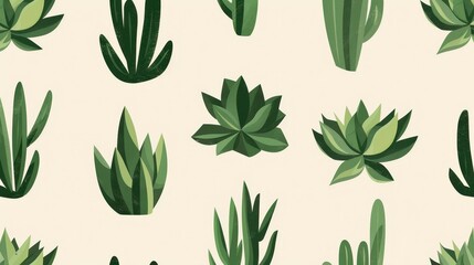 A minimal botany pattern, stylized succulents and cacti, evenly arranged on a light beige background