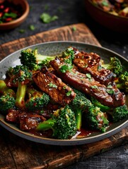 Exquisite Chinese Beef and Broccoli Dish on Wooden Table with Even Lighting and Elegant Presentation