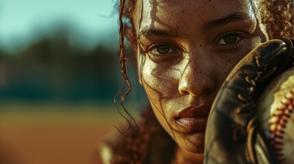 Close-up Portrait of a Focused Female Baseball Player. Beautiful eyes. Shallow depth of field.