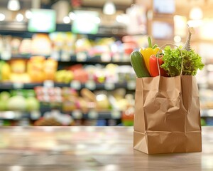 Professional wide angle shot of grocery bag on table with supermarket shelves in background