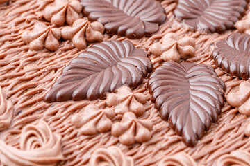 Chocolate bundt cake drizzled with chocolate ganache glaze.Front view of a triple layered chocolate cake .
