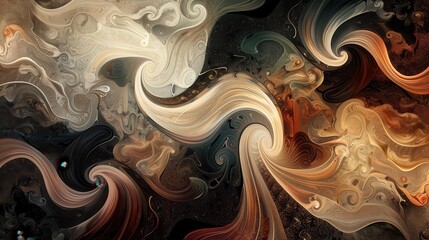 An abstract artwork featuring swirling organic shapes, with a background of muted earth tones