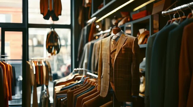 Elegant men's clothing store interior with luxury suits on display