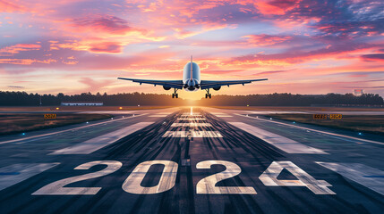 An airplane takes off on a runway marked with the number 2024 during a vibrant sunset, symbolizing...