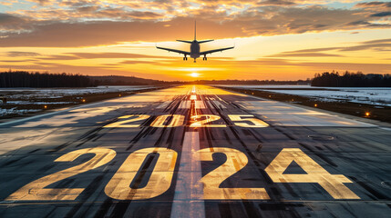 A collection of images depicting an airplane taking off from runways marked 2024 and transitioning to 2025, symbolizing the end of the year 2024 and the hopeful journey into the future.