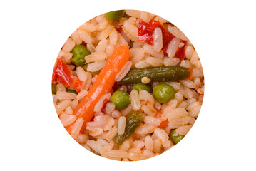 Delicious boiled rice with vegetables carrots, peas and peppers
