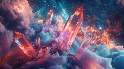 An abstract composition of geometric shapes, such as triangles, circles, and squares, arranged in a dynamic pattern