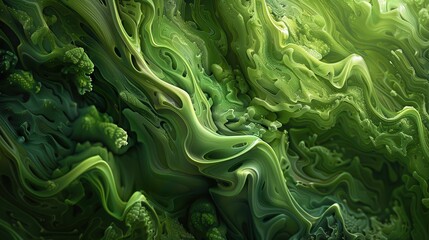 An abstract composition of organic shapes resembling moss, with a forest floor background