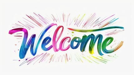 Obraz premium rainbow Welcome greeting text on white background with colorful waves and swirling lines, events, websites, greetings, hospitality industry and promotional materials