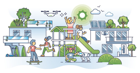 Reimagining green spaces and modern playground for children outline concept, transparent background. Kids playing in sustainable and nature friendly relaxation zone illustration.