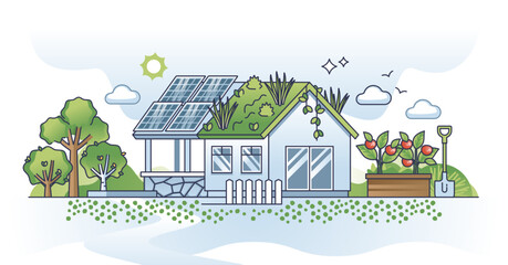 Sustainable housing and home with green and lush solar roof outline concept, transparent background.Alternative electricity with nature friendly power from sun energy illustration.