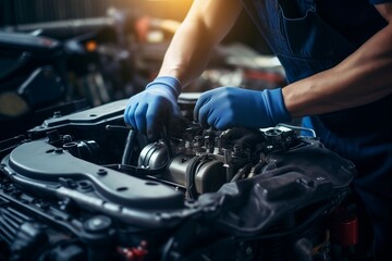 Obraz premium Professional mechanic working on the engine of a car in the garage car repair service concept of checking the vehicle’s readiness before use