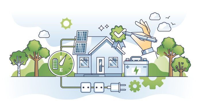Solar energy home storage with charged green batteries outline concept, transparent background. Sustainable and environmental solution for off grid electricity consumption illustration.