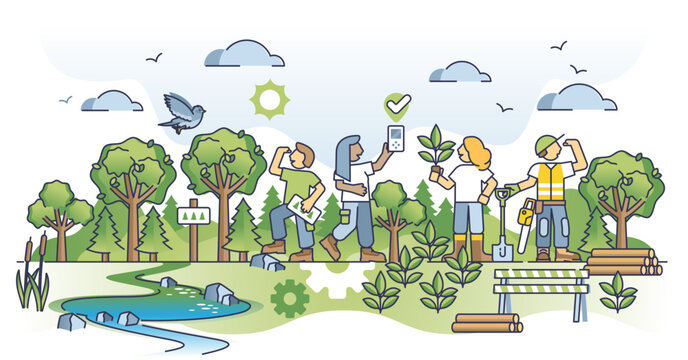 Sustainable forest management with selective harvesting outline concept, transparent background. Effective and nature friendly forestry for environment conservation illustration.