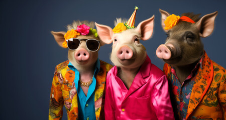 Obraz premium Creative animal concept. Group of boar pig in funky Wacky wild mismatch colourful outfits on bright background advertisement, copy space. birthday party invite invitation banner