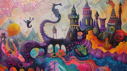 A child's drawing, multicolored, organic shapes, imaginative lines