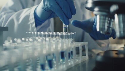 Medical technician close up preparing samples for automated analysis in laboratory